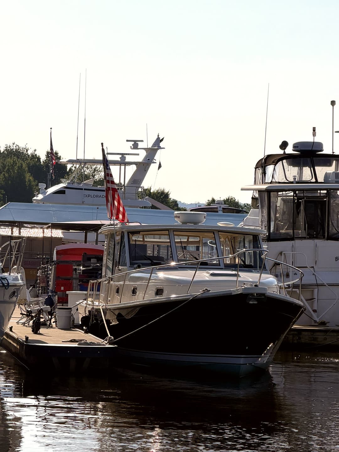 Side profile of Geronimo, a classic Down East-style yacht, at the marina