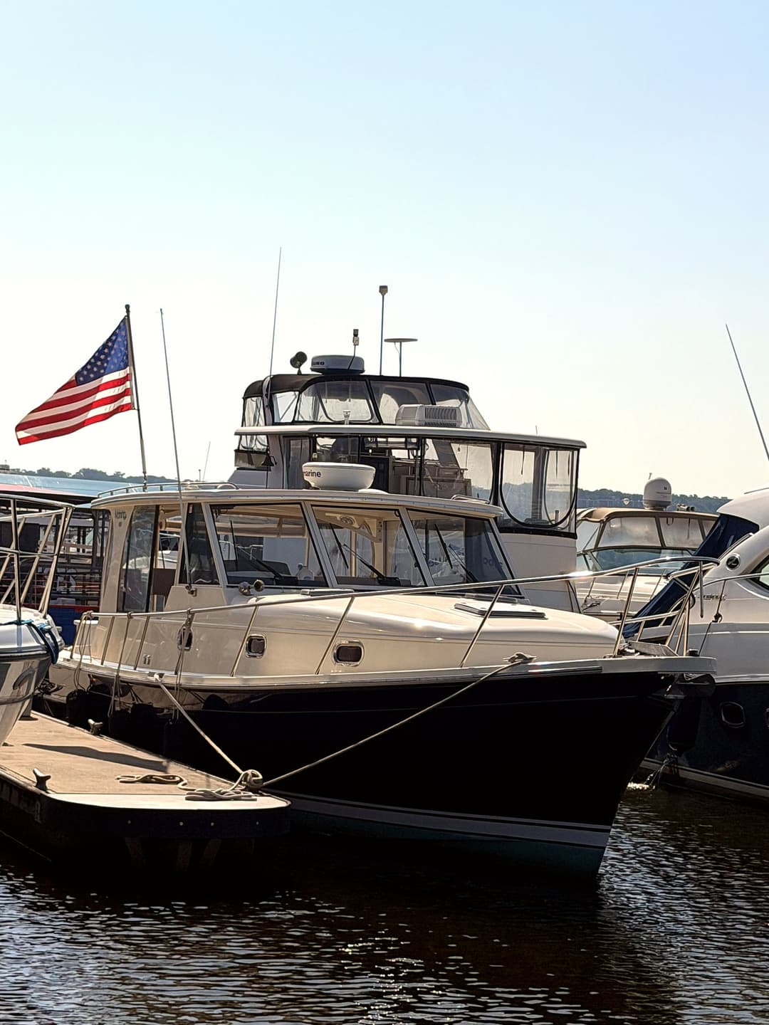 Bow view of Geronimo flying the American flag
