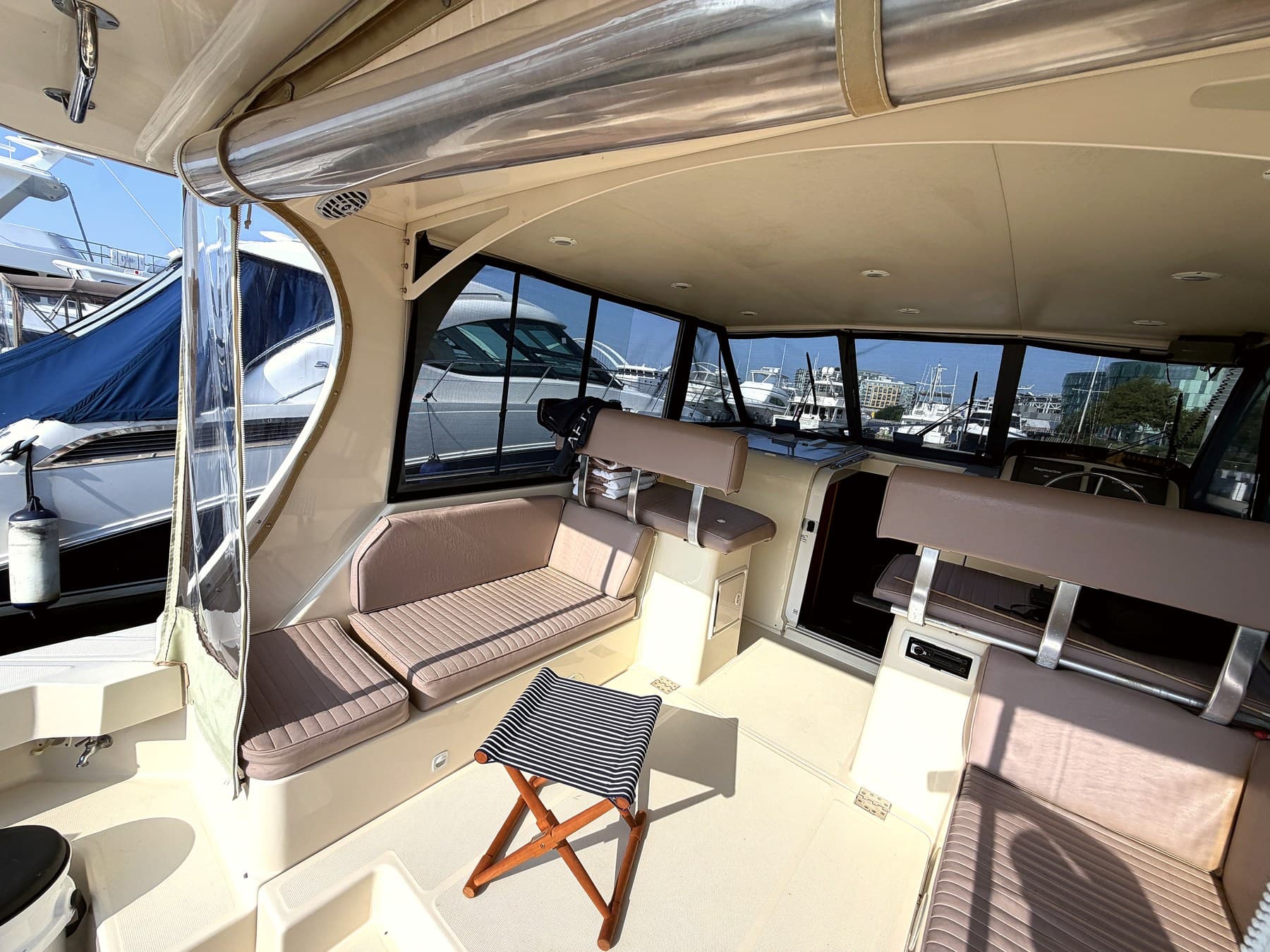 The intimate salon aboard Geronimo, set for a private proposal cruise