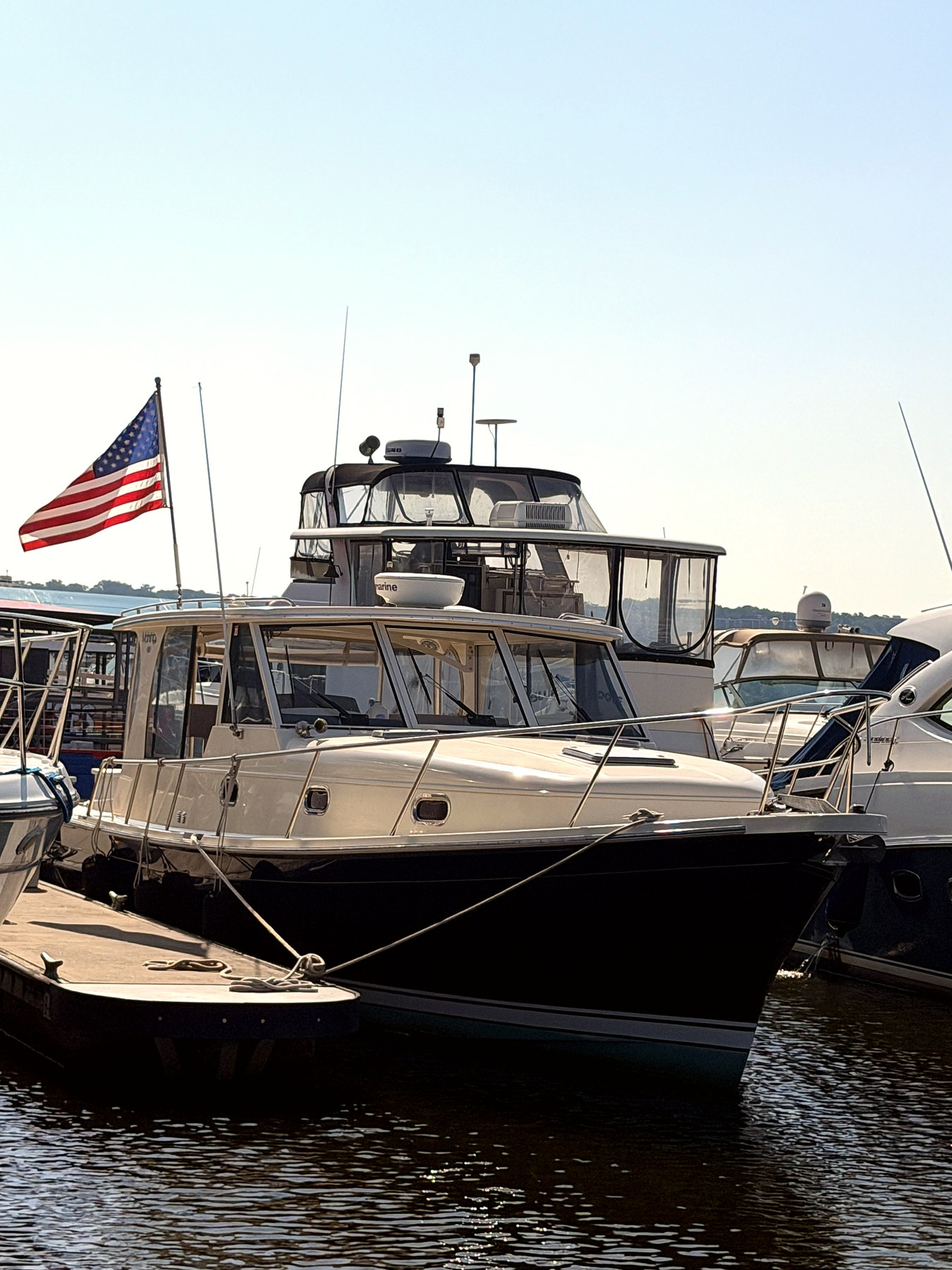 Bow view of Geronimo flying the American flag